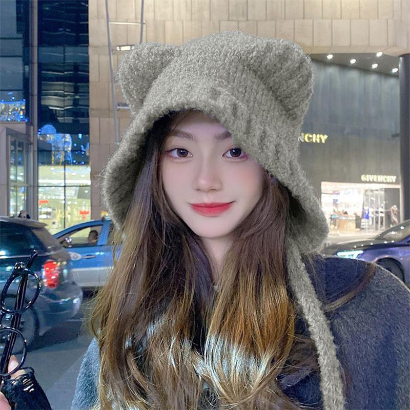 2020Korean Cute Bear Ear Knitted Hat Fashion Y2K Lace-Up Ear Protection Cap Autumn And Winter Windproof Hat Solid Color Beanies Cap