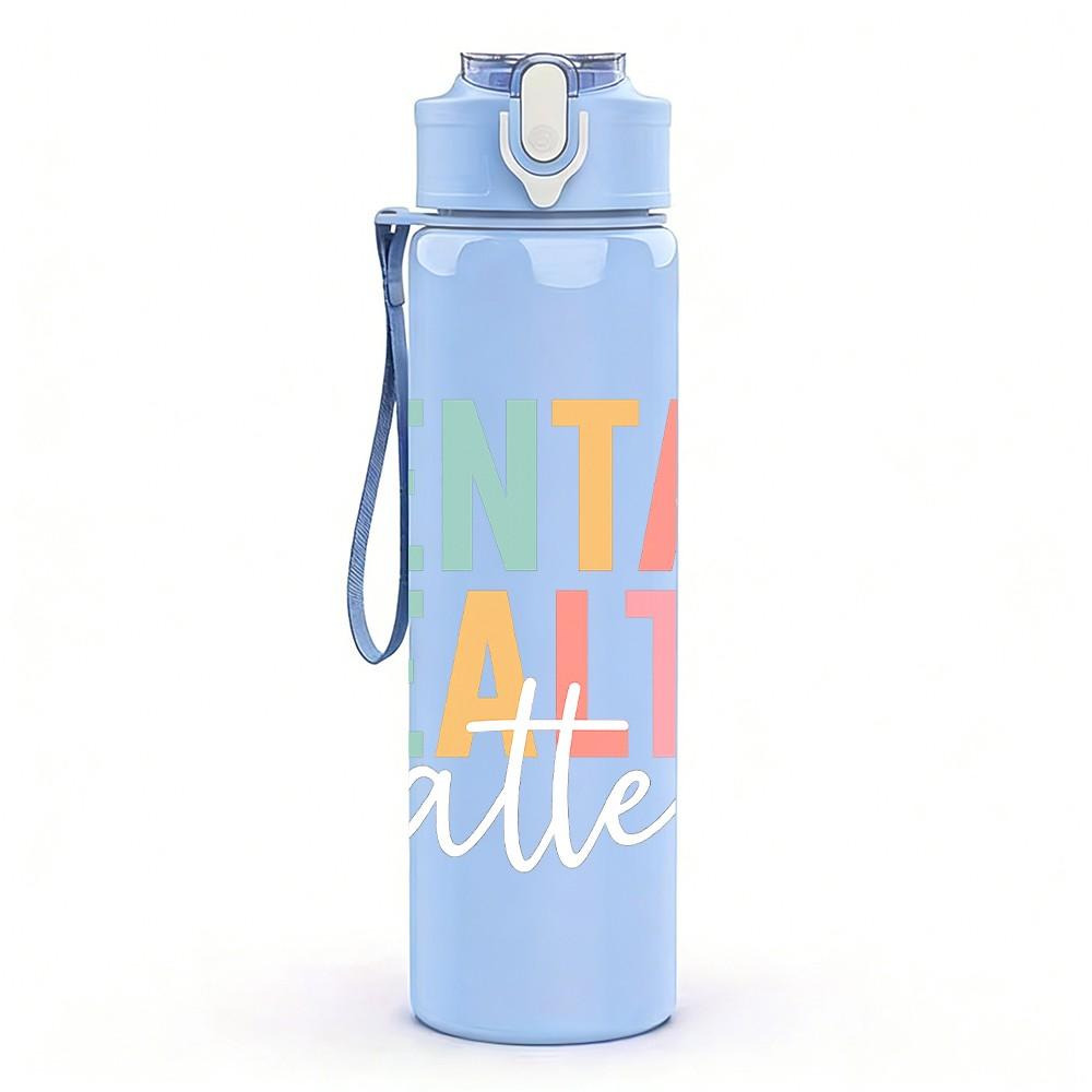 1PC Mental Health Color Letter Print 750ml Color Plastic Sports Water Bottle Leakproof Flip Straw Lid Suitable for Sports Office Home Use