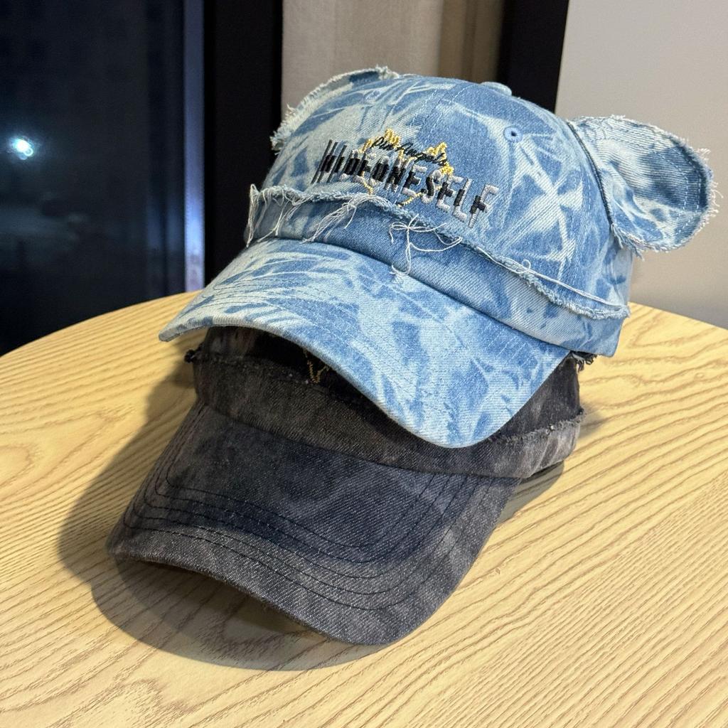 New Cute Bear Ear Baseball Cap for Men and Women with Letter Embroidery, Washed High-quality Denim Sunshade Cap