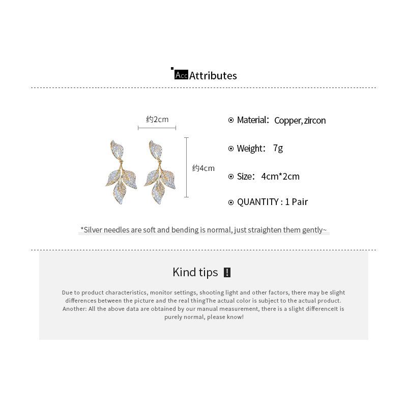 Zircon Leaf Tassel Earrings for Women High-end French Retro Fashion Drop Earring Temperament Versatile Luxury Designer Zircon