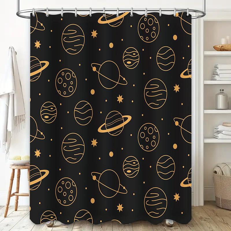 Black Space Print Shower Curtain with Solar System Planets Pattern Modern Home Decor