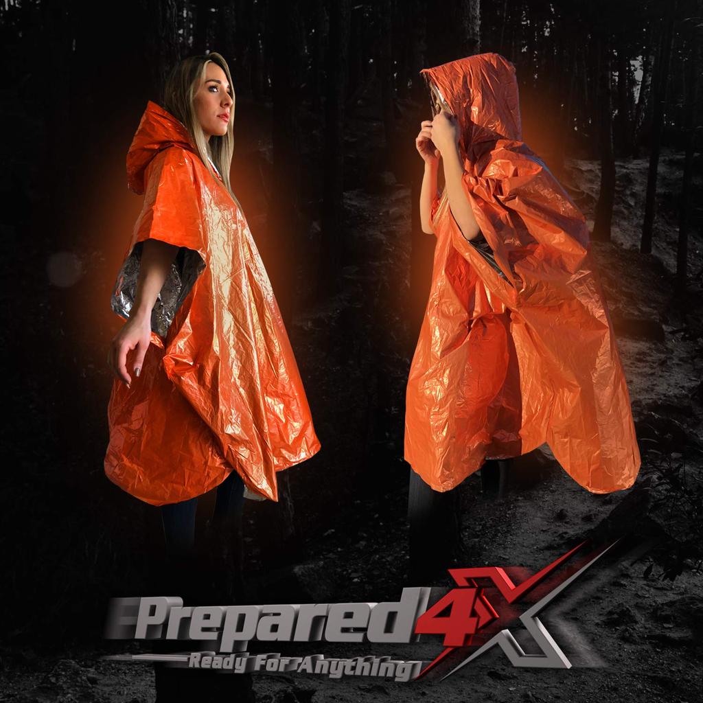 PREPARED4X Emergency Rain Poncho with Mylar Survival Blanket Liner for Heavy Duty Waterproof Camping Tactical Prepper Pack of 4 XL Car, Gear,
