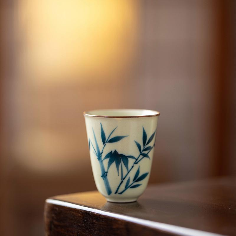 Huang Ru Kiln pure hand-painted bamboo teacup master cup ceramic high-end tea teapot cover bowl tea cup kung fu tea set