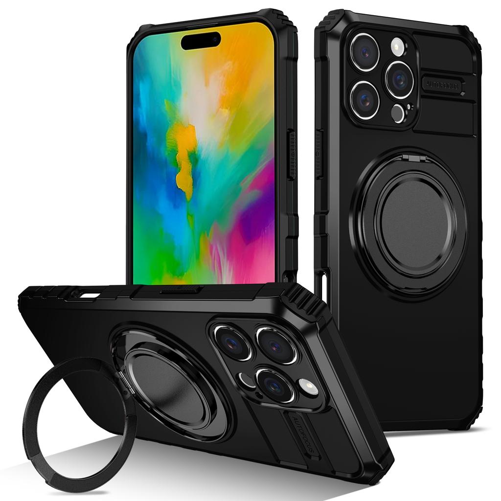 Rugged Magnetic Car In-vehicle Phone Case for IPhone 17 16 15 14 Plus 13 12 Pro Max 360 Degree Metal Rotating Bracket Ring Cover