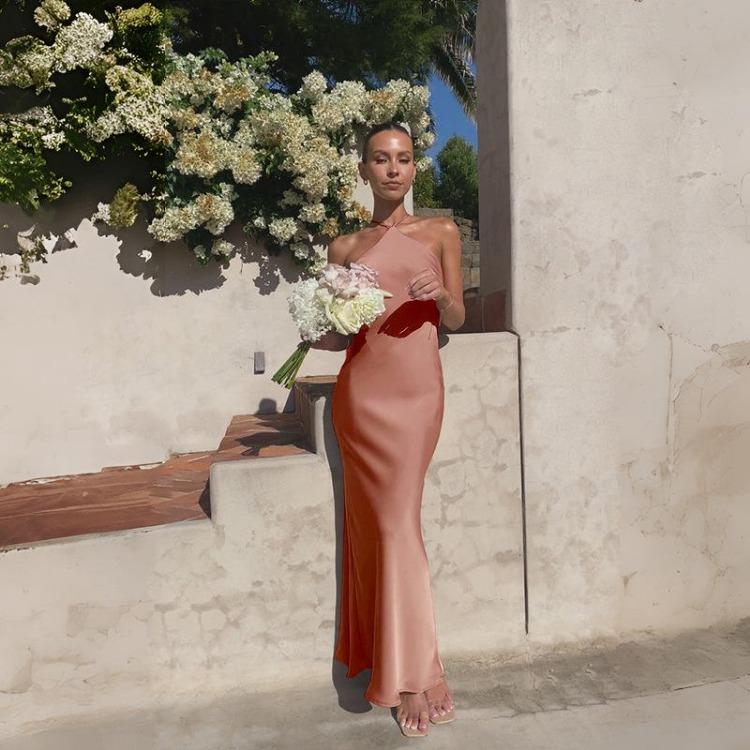 

Жіноча сукня з високою талією, V-подібним вирізом, відкритою спиною, на бретелях-спагеті, однотонна, довжини до щиколотки, з дизайнерським відчуттям XL рожевий