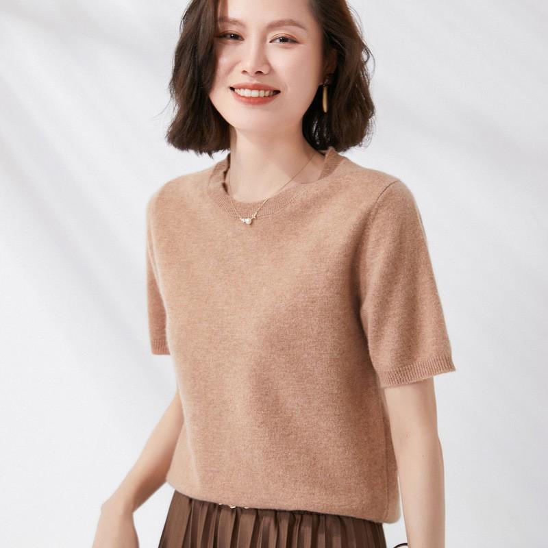 2025 Spring/Autumn Women's Knitwear: Short Sleeve Wool Cardigan with Round Neck
