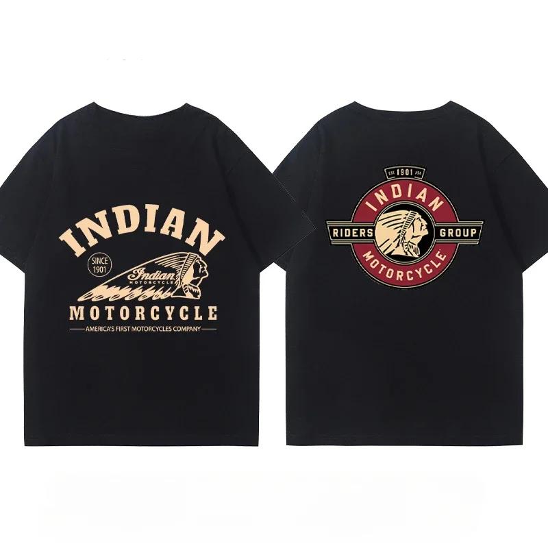 Indian Motorcycle Heavy Locomotive Cruise Bike Riding Suit Club Print Summer Cotton Casual Motorcycle Men's and Women's T-Shirt