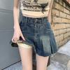 Damen Minirock mit hohem Bund, Falten, A-Linie, Vintage gewaschener Denim, Anti-Scheuer-Effekt, Lässiger Sommerrock