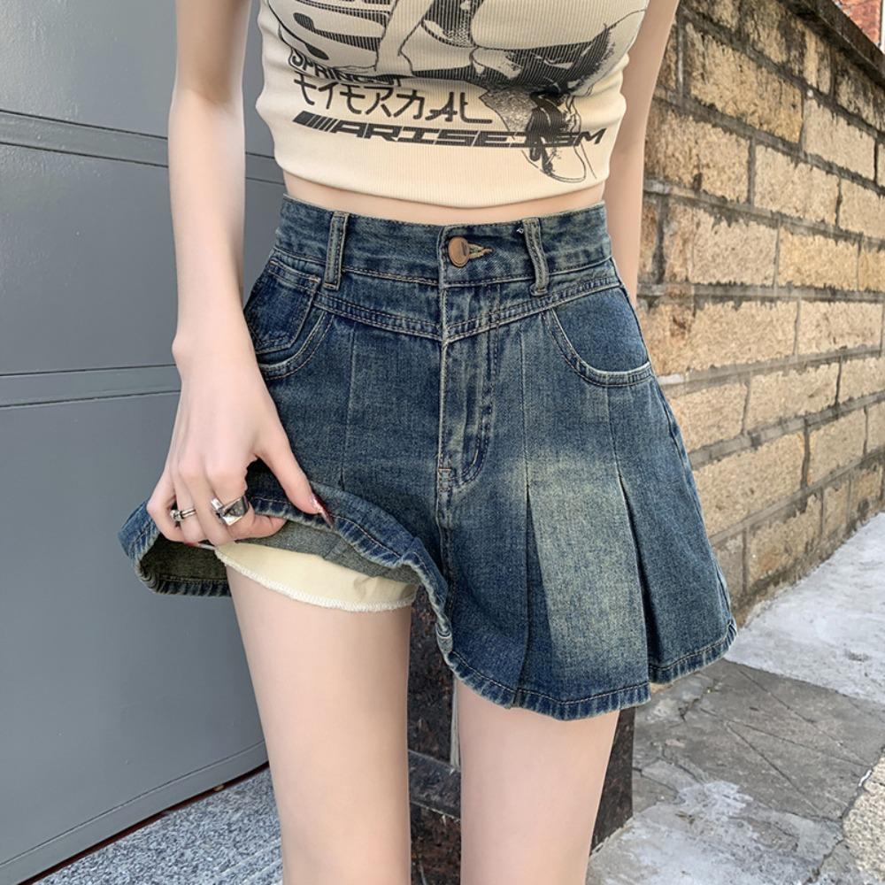 Damen Minirock mit hohem Bund, Falten, A-Linie, Vintage gewaschener Denim, Anti-Scheuer-Effekt, Lässiger Sommerrock