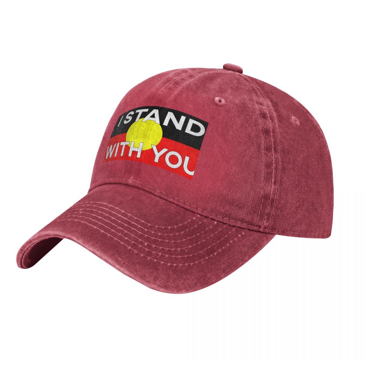 Aboriginal Flag with the words I stand with you Baseball Cap Hood Icon Golf Cap Womens Beach Visor Unisexs