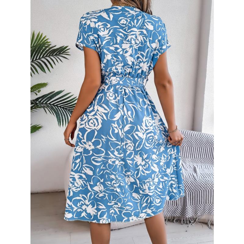 Summer V-neck Short Sleeve Floral Printed Women Dress Casual Fashion Elegant Simple A-line Party Dresses Lace-up Female Women's Clothing