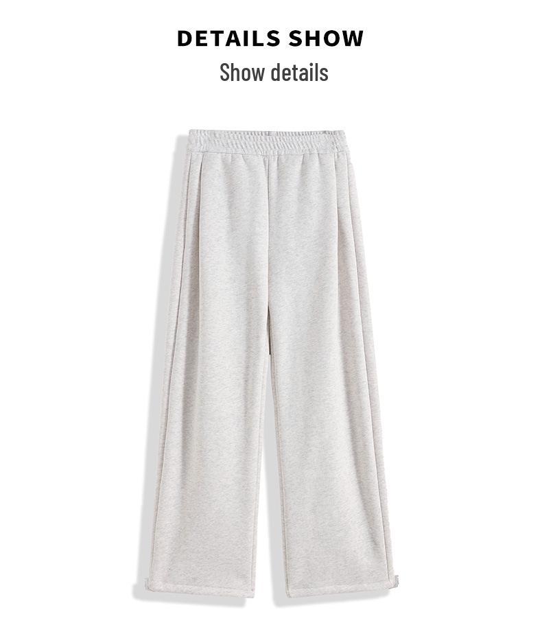 Women's Gray Fleece-Lined Sweatpants, 2025 Early Autumn Style, Straight-Leg, Petite, Wide-Leg Activewear.