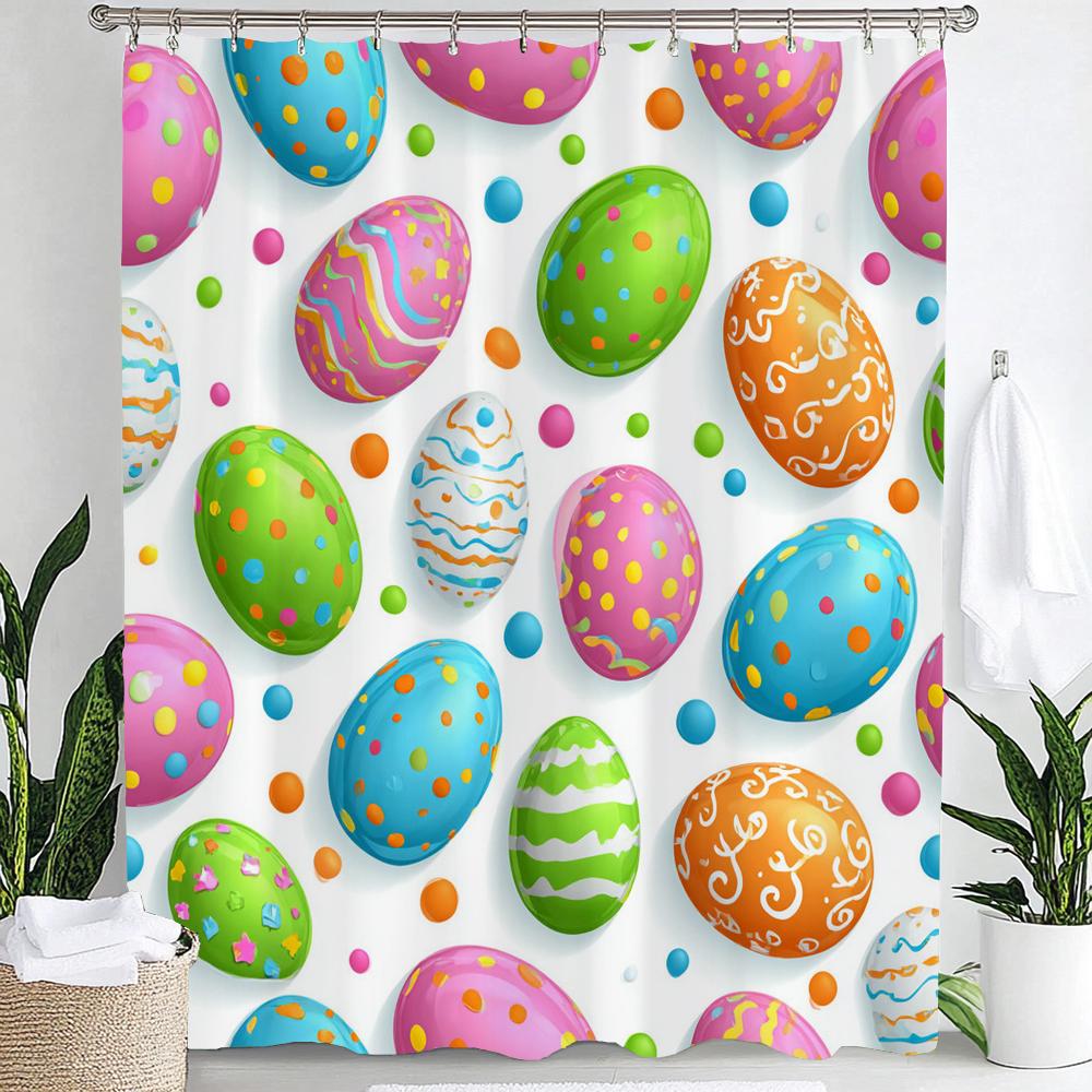 Happy Easter Shower Curtain,Egg and Rabbit Cartoon Printed Polyester Fabric Decorative Bathroom Curtain, Home Curtain with Hooks