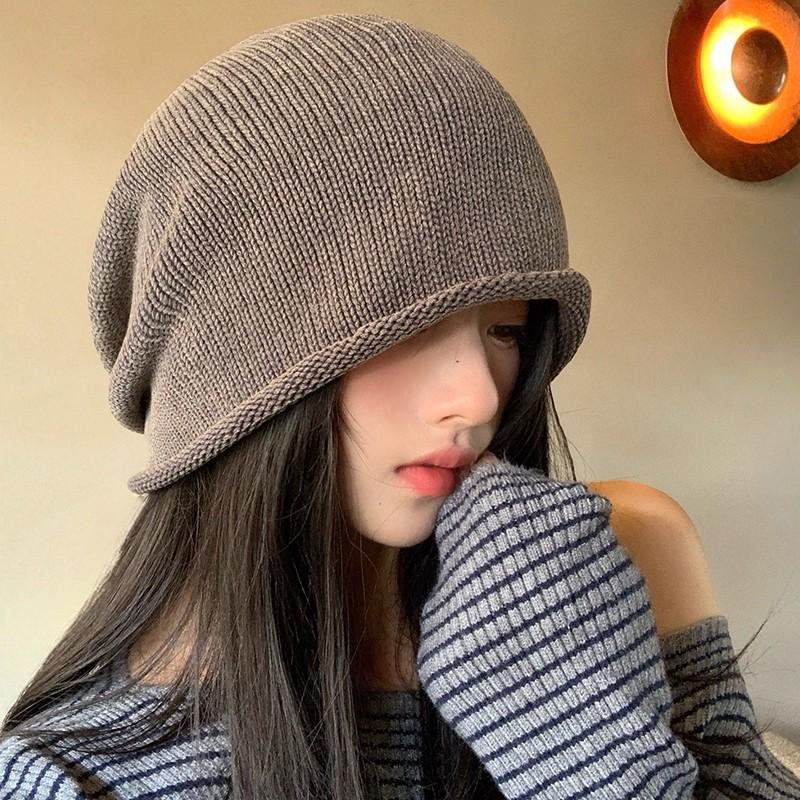Korean Style Women's Slouchy Beanie - Autumn Winter Fashion, Versatile Roll-up, Warm for Postpartum and Cold Weather