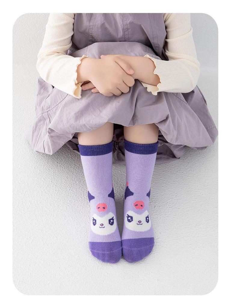 Kuromi Girls' Mid-Calf Cotton Socks - Cute Rainbow Design for Spring, Autumn, and Winter