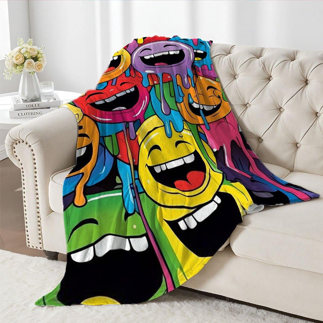 

Colorful Smiley Face Print Flannel Throw Blanket – Fun Oversize Gift for Home Office Sofa Car Nap 75x90cm