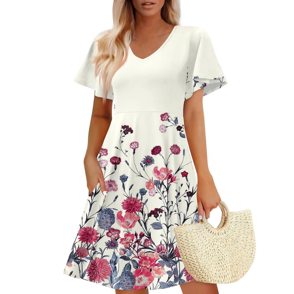 Women Summer Dress Casual Swing Floral Ruffle Short Sleeve Sundresses Beach  A-line  Dress  With Pockets