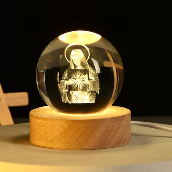 3D Hands Prayer Faux Crystal Ball with Wooden Base Clear Engraved Prayer Hand Ball Night Light Religious Christian Gifts for Women Men