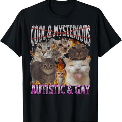 Autistic and Gay Funny Cat Meme Bootleg Graphic T-Shirt(1)