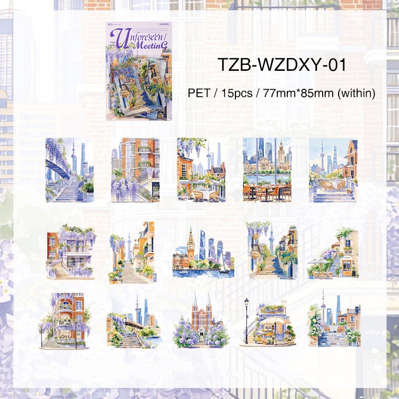 JIANWU Unknown Encounter Series Vintage City Street Landscape Material Collage PET Sticker Creative DIY Journal Stationery