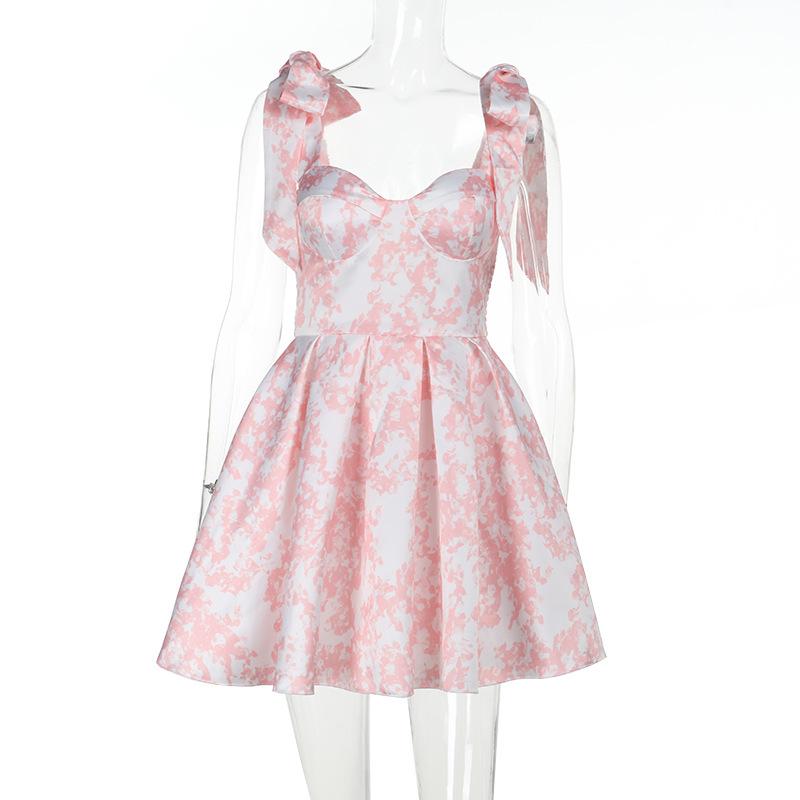 New Summer Sexy Dress Vacation Style Elegant Slim Fit Printed Tie-waist A-line Skirt for Women