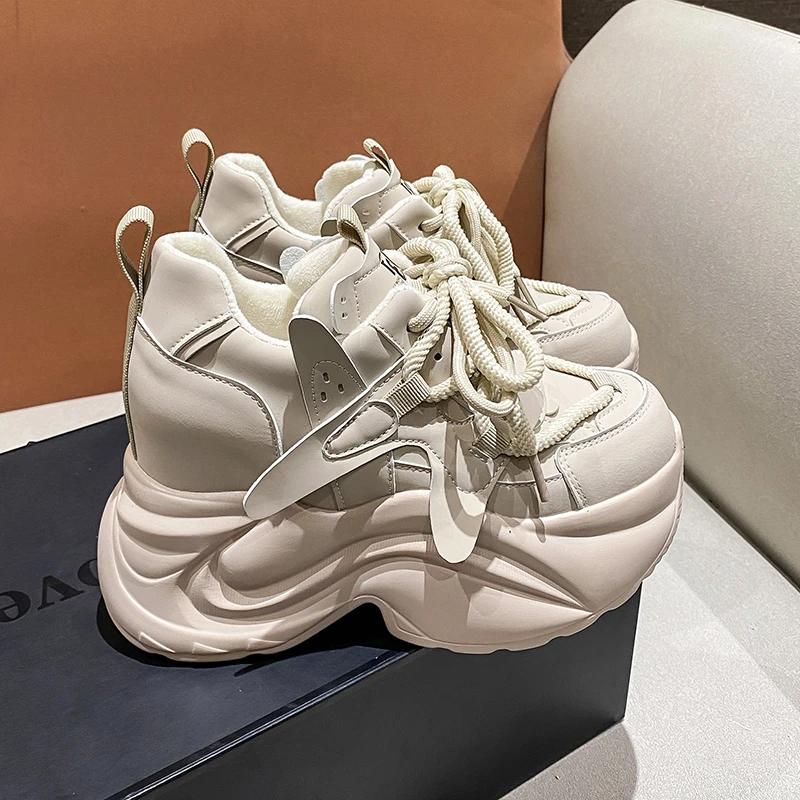 Fashion Autumn Winter Warm Chunky Sneakers Women Lace Up Platform Sports Shoes Woman Thick Bottom High Heels Female 10CM Wedges Sneakers