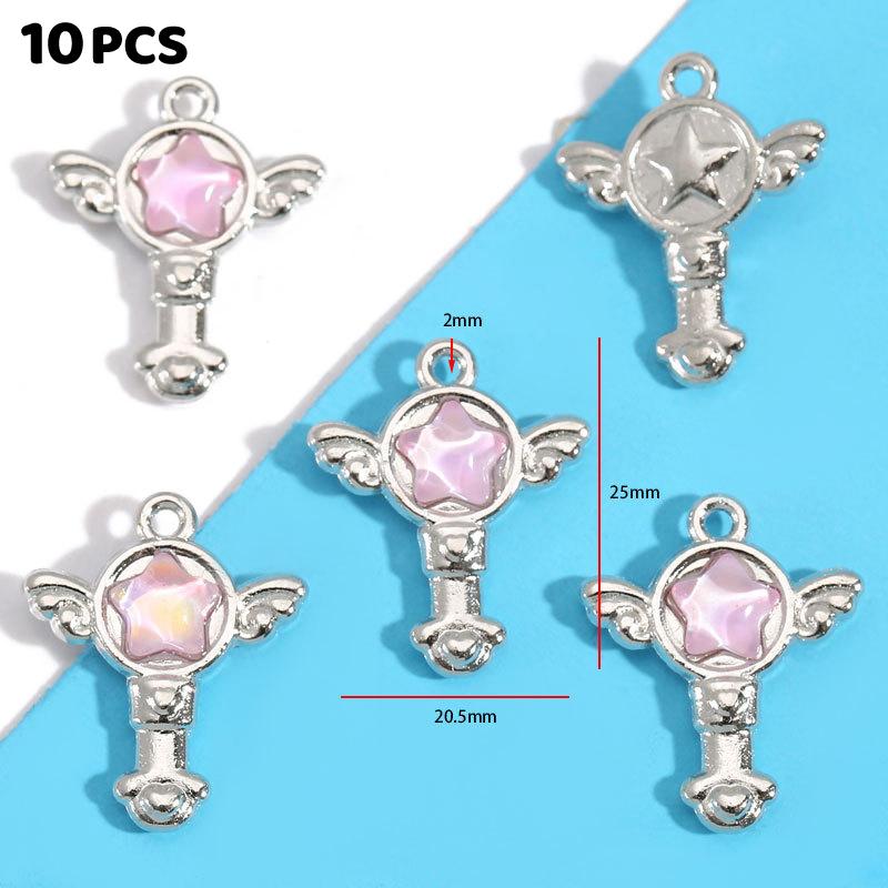 10Pcs Alloy Mixed Style, Inlaid Pink Resin Star And Moon Pendant, Diy Necklace, Bracelet Accessory