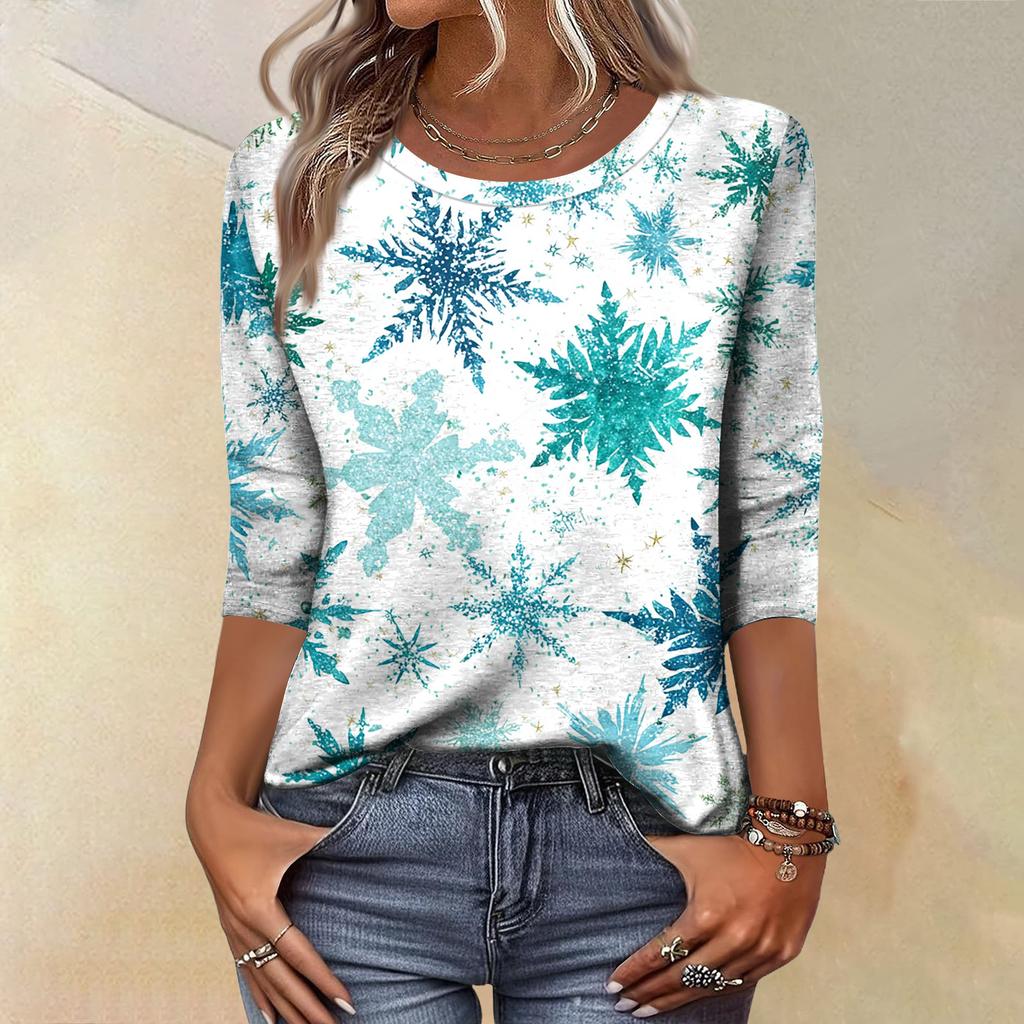 Women's Fashion Casual Christmas Tree Printed Round Neck Three-Quarter Sleeve T-Shirt Top