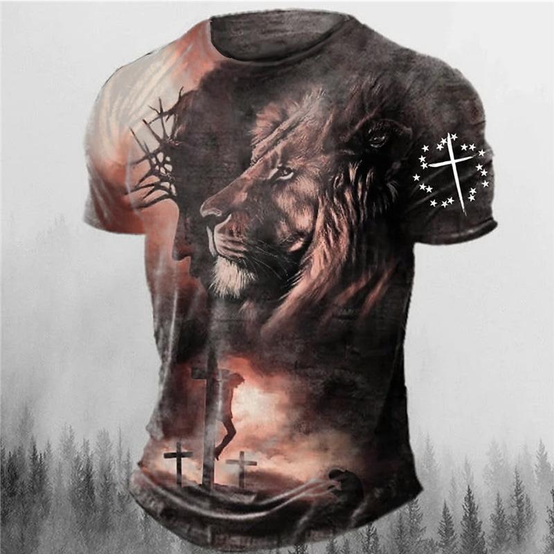 Men's Graphic Animal Lion Faith T Shirt Short Sleeve T Shirt 3D Print Crew Neck Shirt Vintage Fashion Designer Outdoor