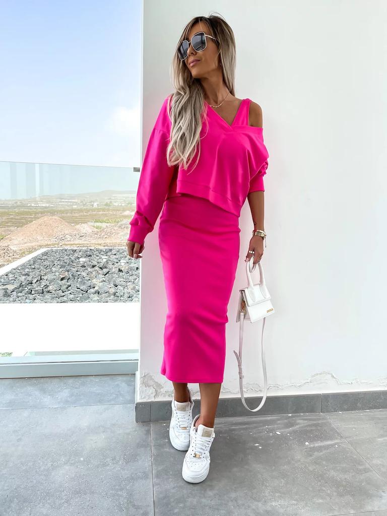 Women's 2-Piece Outfit V-Neck Long Sleeve Sweatshirt with Slim Fit Camisole Dress Solid Color Summer Spring Set