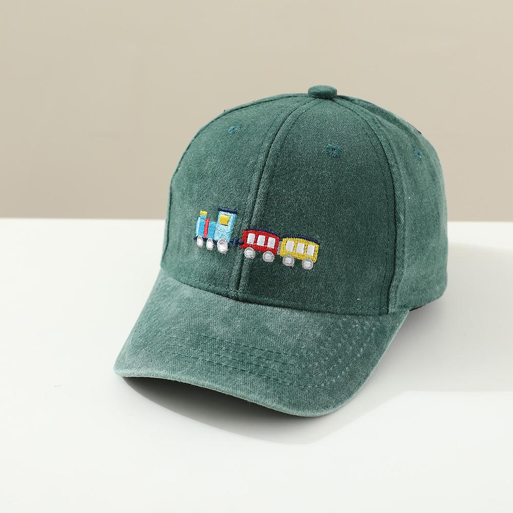Children's hats, small trains, embroidery washed baseball caps, spring and autumn boys and girls outdoor sunshade peaked caps