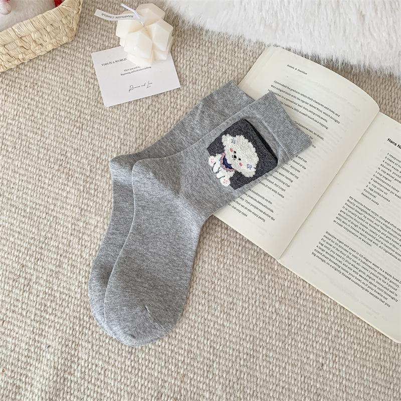 Cartoon Pocket Socks for Girls, Cute Little Cats and Dogs, Trendy Mid-calf Socks, Personalized Animal Flocked Pile Socks