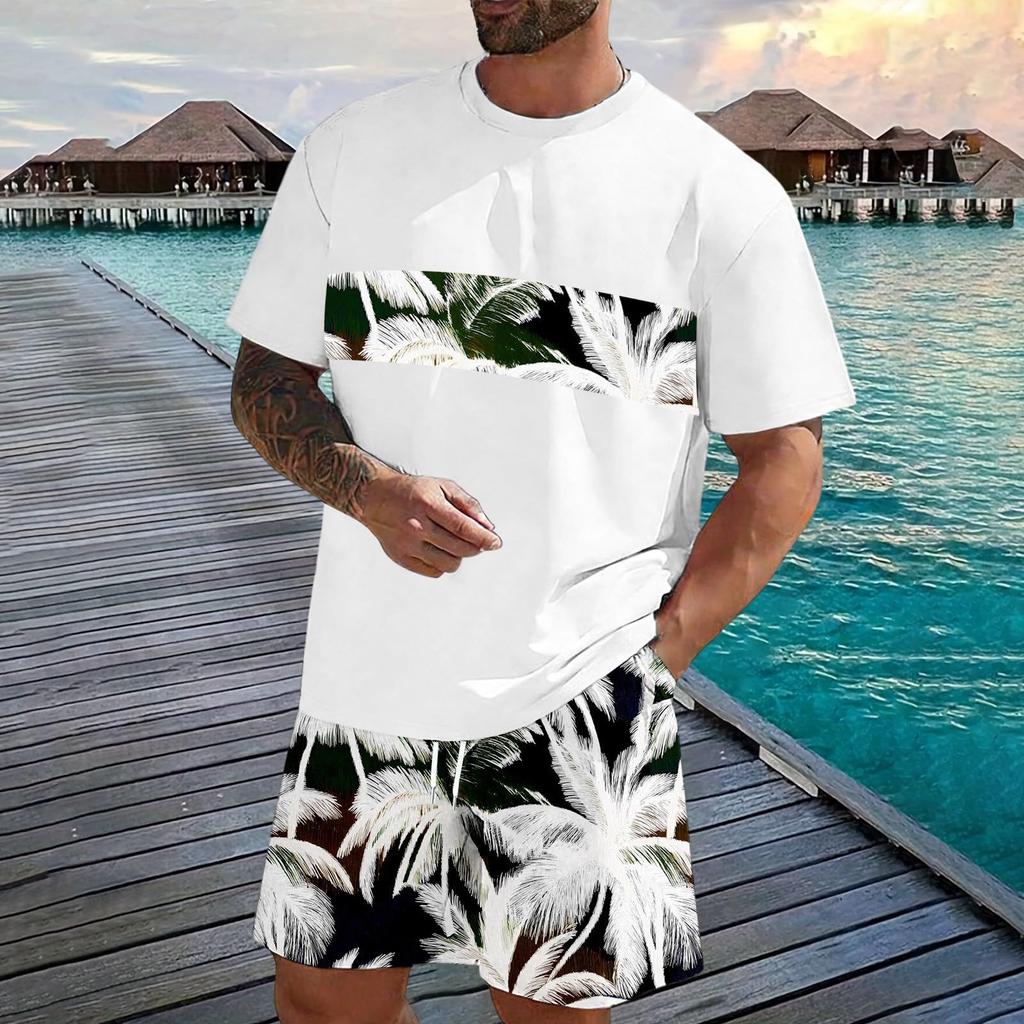 Men's Casual Two Piece Set Short Sleeve T Shirt and Elastic Waist Drawstring Shorts Summer Outfit Lightweight Comfortable Fit