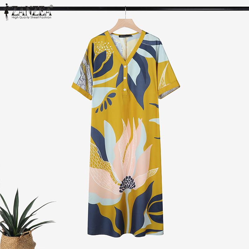 ZANZEA Women Casual V-Neck Short Sleeve Loose Print Summer Dress