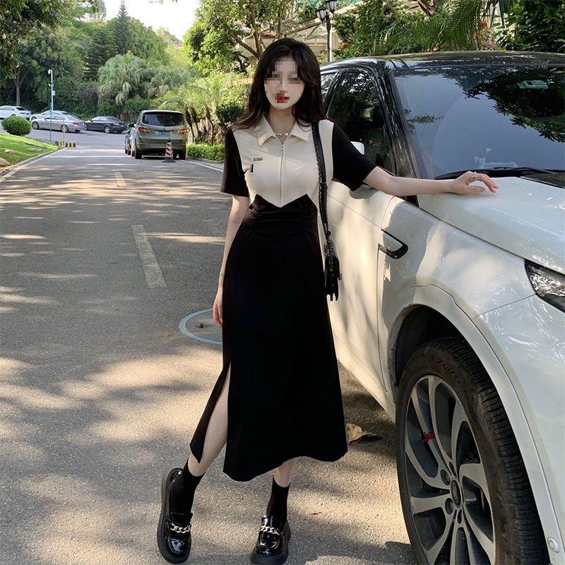 Contrasting color dress women's summer new POLO neck zipper splicing design feeling waist and thin split skirt