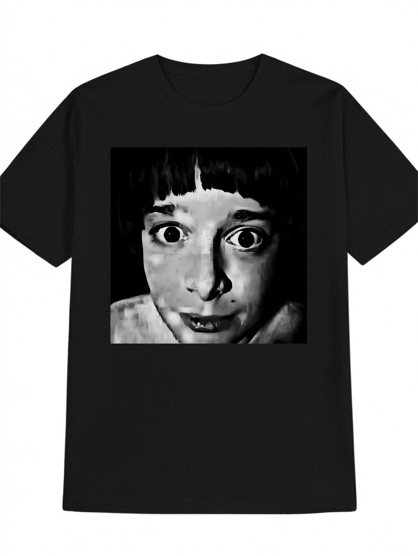 Casual Crew Neck T-shirt with Unique Face Eye Print - Black XXXL