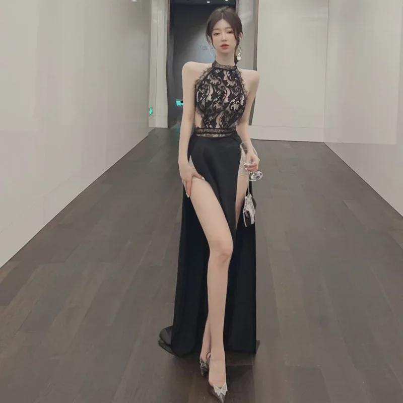 

2025 Trendy Lace High-Slit Backless Dress L