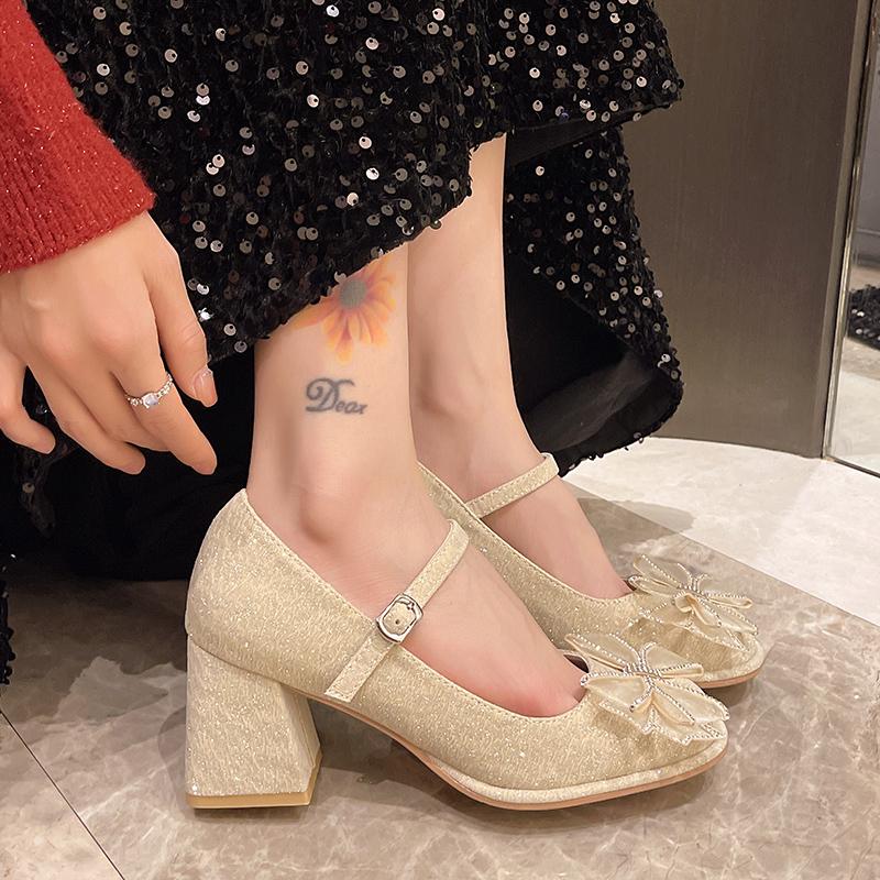Fashion 2025 New Versatile Women Shoes with Simple Comfort Round Head and Thick Heels Shoes Butterfly Bow Fashion Women High Heels