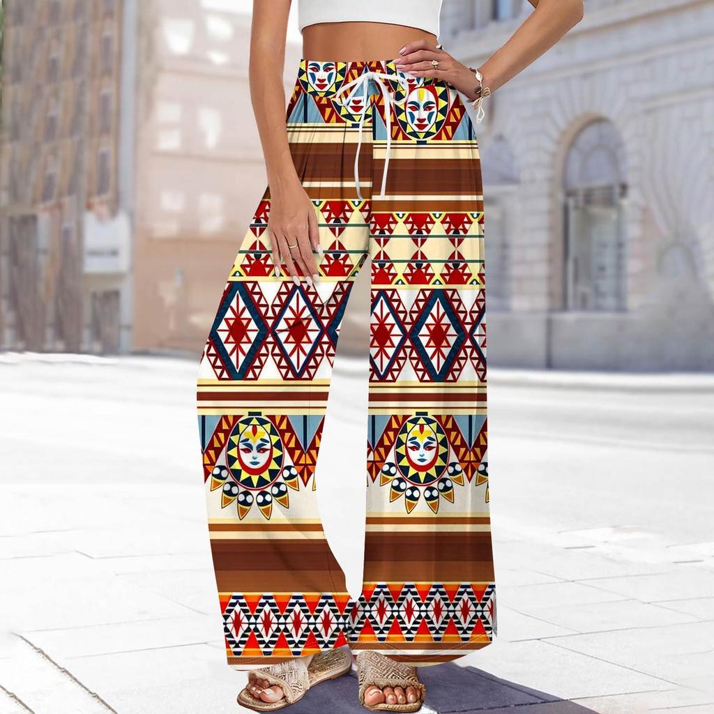 Dámské potištěné kalhoty s širokými nohavicemi s kapsami Vysoký pas Stahovací šňůrka Volné ležérní kalhoty