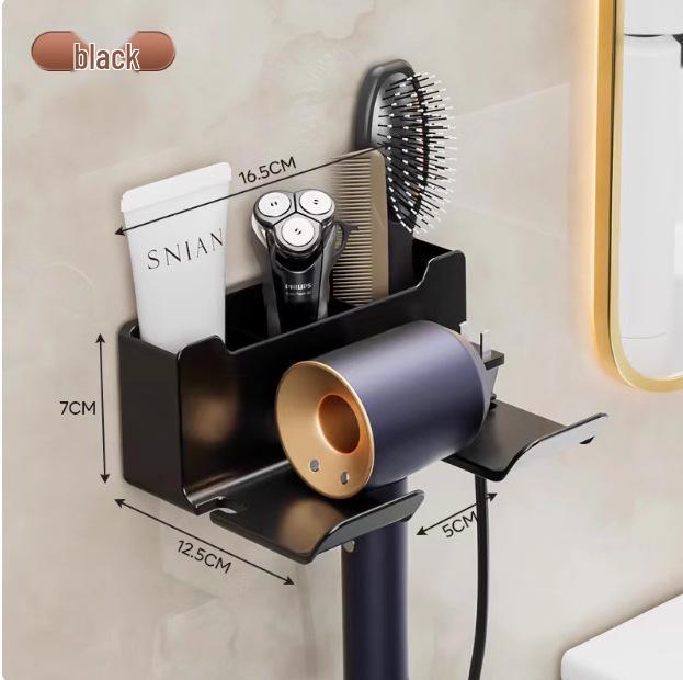 Versatile No-Drill Wall-Mounted Hair Dryer Holder and Bathroom Storage Rack