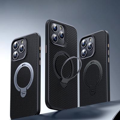 Suitable for Apple 15promax Carbon Fiber Textured Phone Case Rotating Magnetic Stand, IPhone14 Business Case