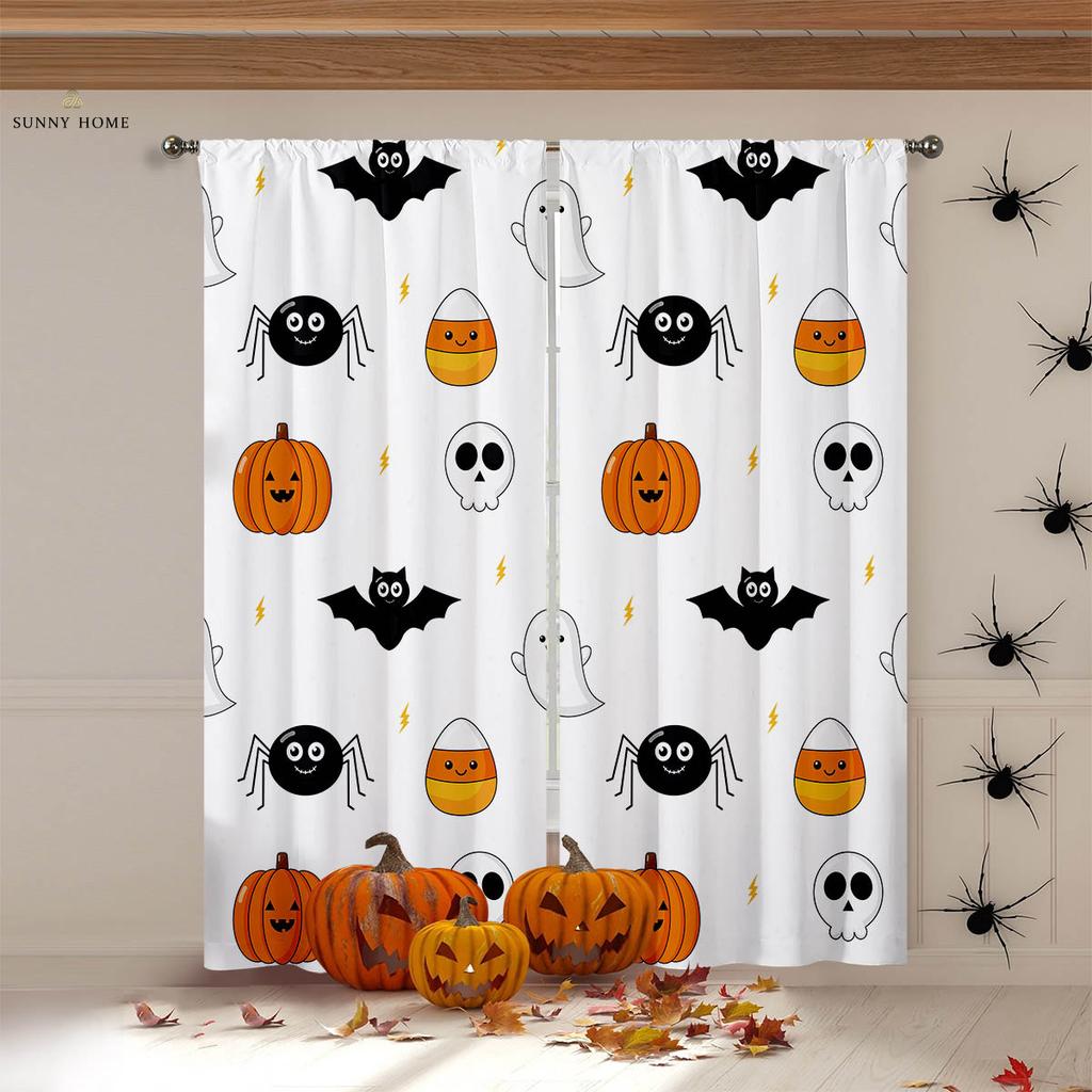 Halloween Horror Atmosphere Decorative Curtains Gothic Style Castle Pumpkin Cartoon Print Curtains Holiday Party Decorative 2PCS