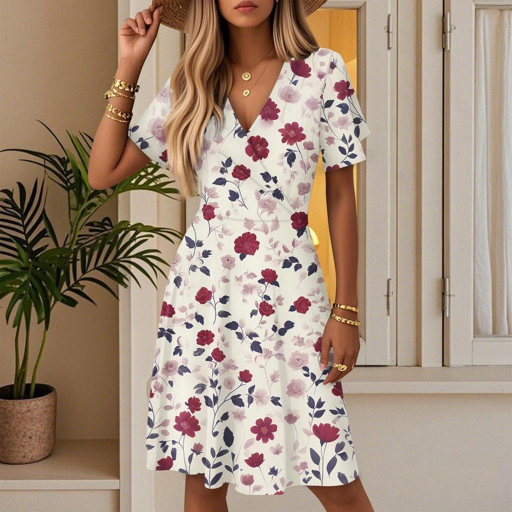 Damen Sommer Mode Blumenmuster Kleid Lässig Strand A-Linie V-Ausschnitt Lockeres Sommerkleid
