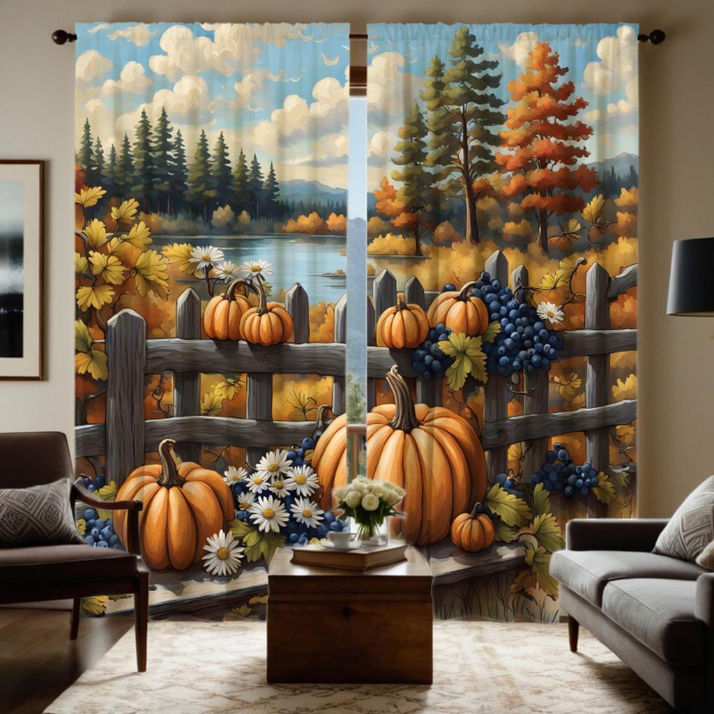 2pcs HD outdoor autumn river edge pumpkin fruit decorative curtain Yellow tie digital printed curtain home decoration style d