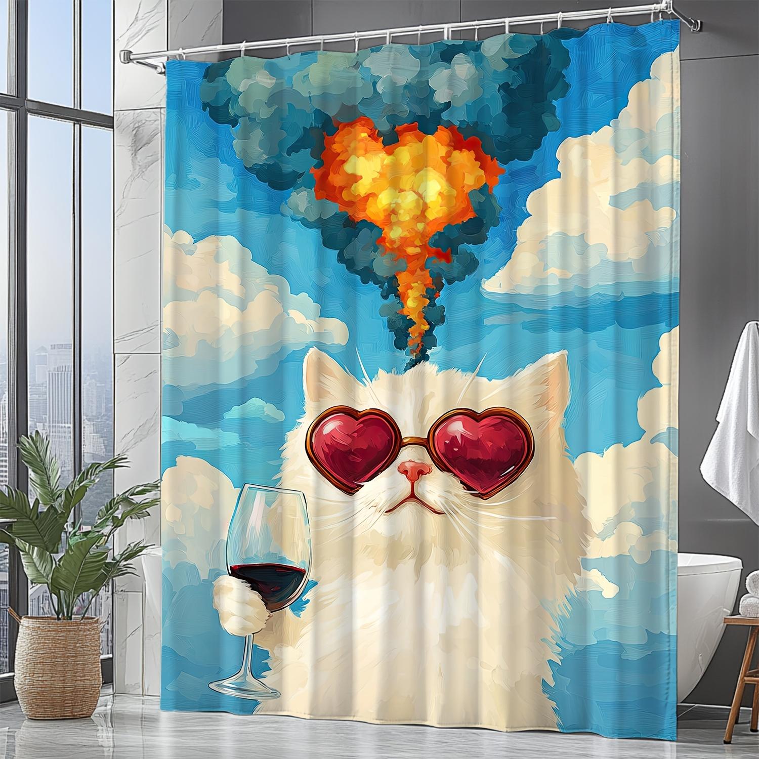 

Modern Cartoon Cat Shower Curtain - Heart Glasses & Wine Design, Fun Whimsical Style, Digital Print, Polyester, All-Season Use W60H190(CM)-1 Pcs