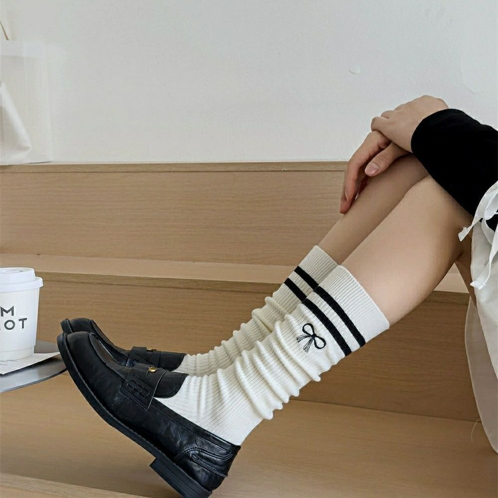 JK Academy Bowknot Calf Socks | Micro-Compression Slimming Double-Stripe Embroidery Ladies' Knee-High Slouch Socks - Simple Style