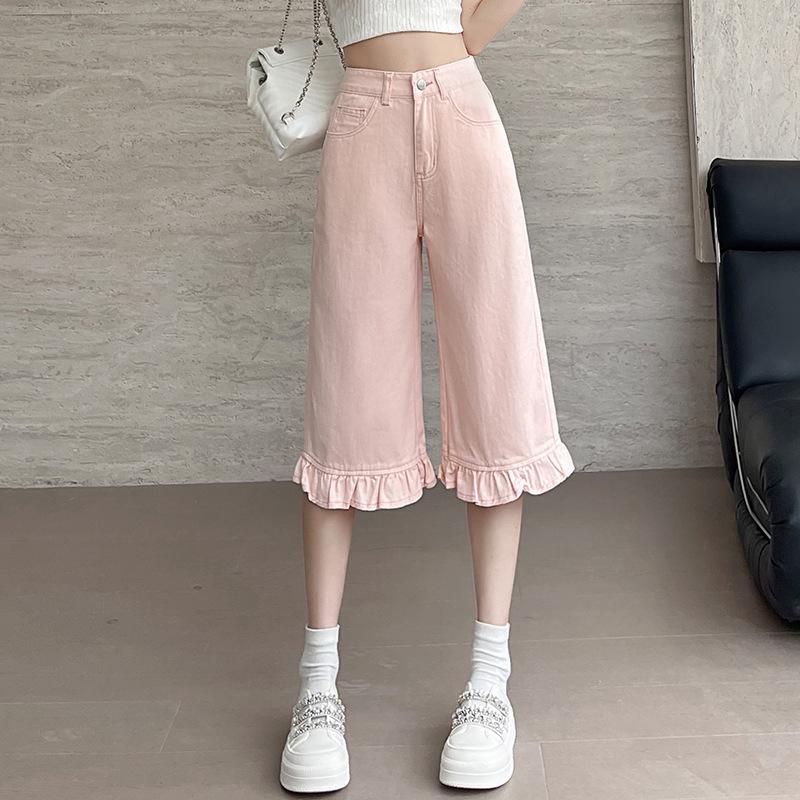 

Ruffled Indigo Denim Cropped Jeans - Loose, Unique Flared Capris XL
