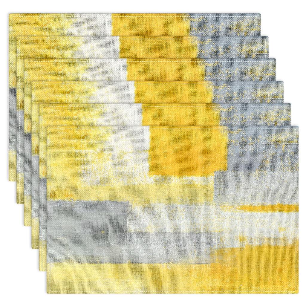 Farmhouse Placemats Set of 4, 12x18 Inch Modern Grey White and Yellow Art Painting Table Mats for Outdoor Home Party Kitchen Dining Decoration