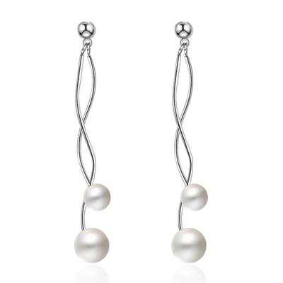 Minimalist Fashion Creative Exquisite 925 Sterling Silver Jewelry Simple Long Section Wild Wave Pearl Dangle Earrings  SE304