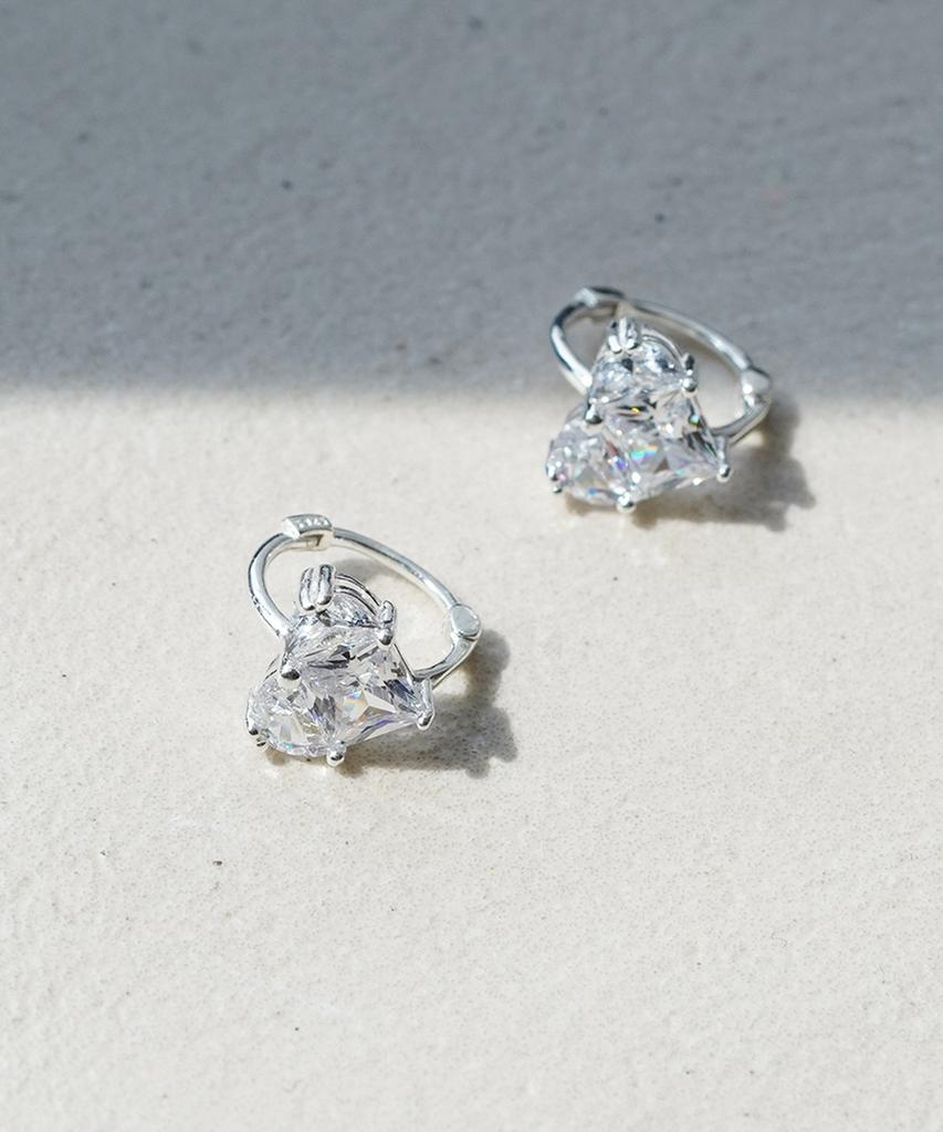 Alleun Silver 925 King Heart Cubic One-Touch Silver Ring Earrings